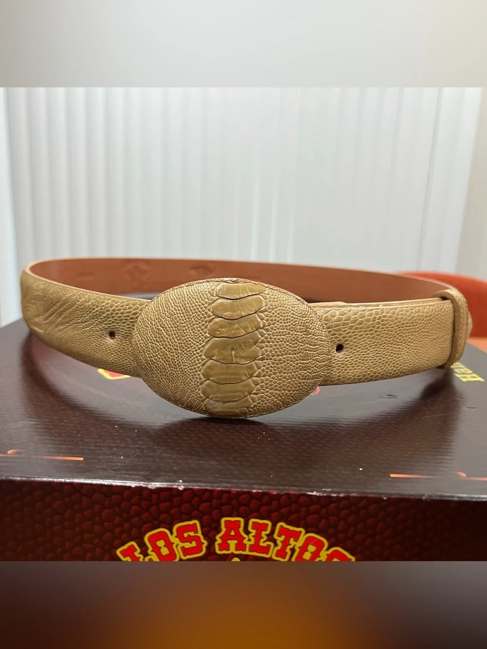 Beige Textured Leather Belt with Round Embossed Buckle